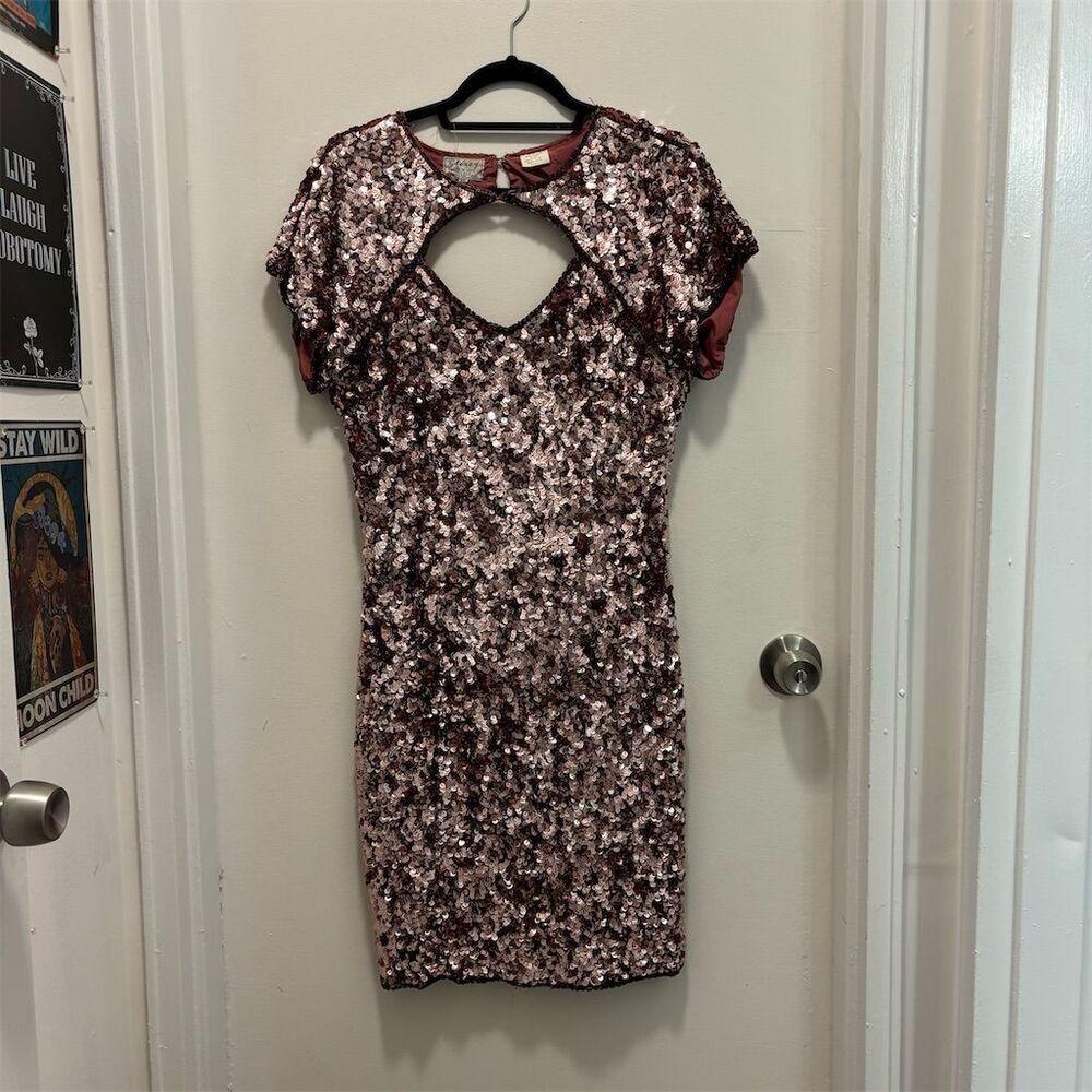 Stenay Sequin Cutout Short Sleeve Mini Dress Rose‎ Gold Sparkly Party Silk